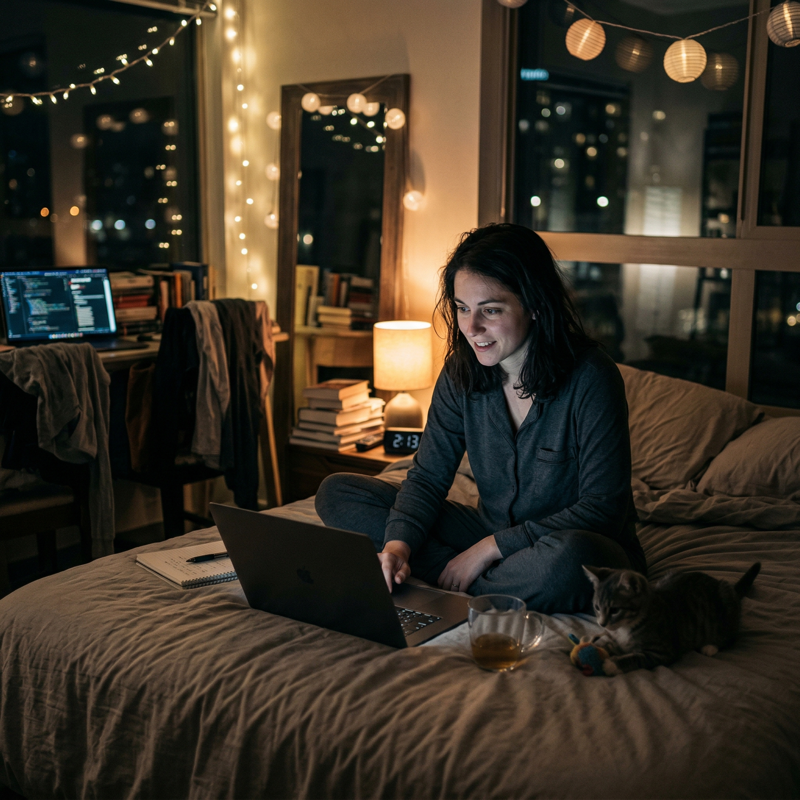 Woman working on laptop in bed late at night