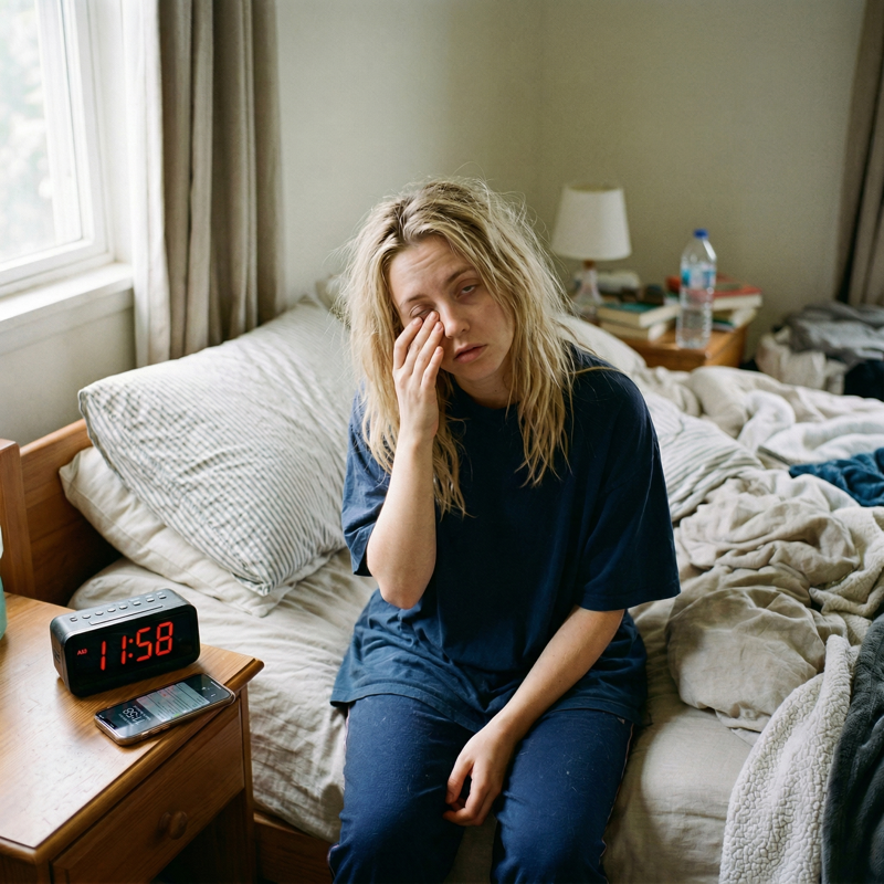 Woman waking up tired next to alarm clock