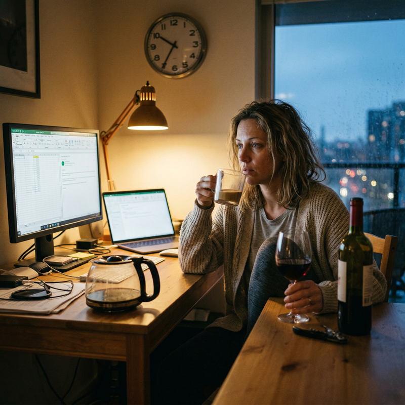 Woman at desk with wine glass beside laptop