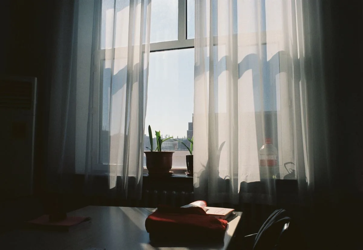Sunlight streaming through sheer curtains in the morning — morning light exposure for circadian health